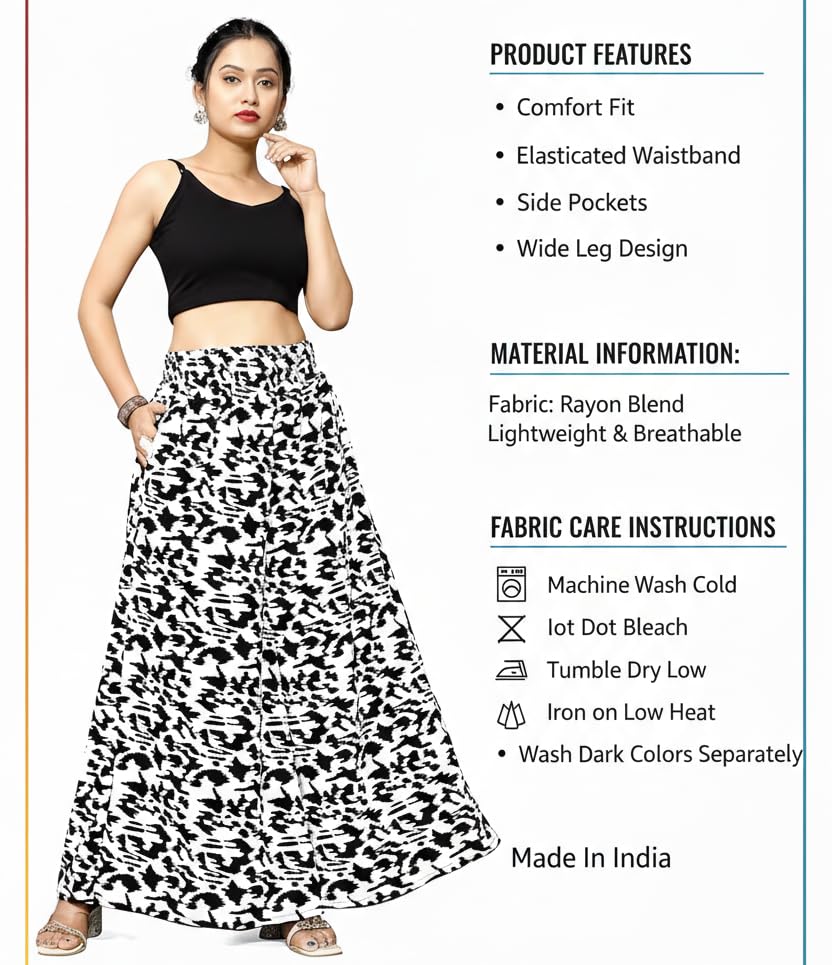 Image of Viscose Rayon Flared Printed Plazzo Palazzo Pants, Loose /Relaxed Fit Regular, Office Wear, Casual Wear Comfortable, Trouser Pants for Girls & Women Black Kerri Design (S to 3XL Size)