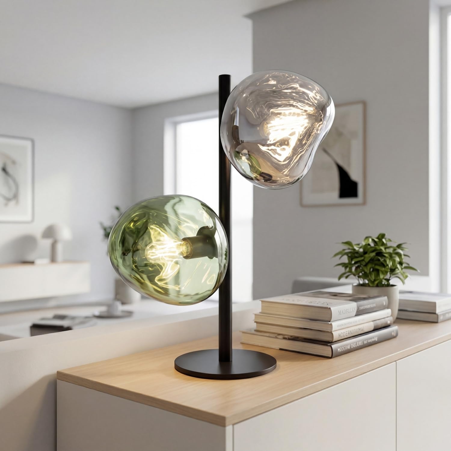 Lampada da tavolo in vetro Bianco Verde Metallo Soggiorno E14 2-fiamme 40 cm soffiato a bocca specchiato Cavo in tessuto di vetro lava Lampada da comodino Camera da letto
