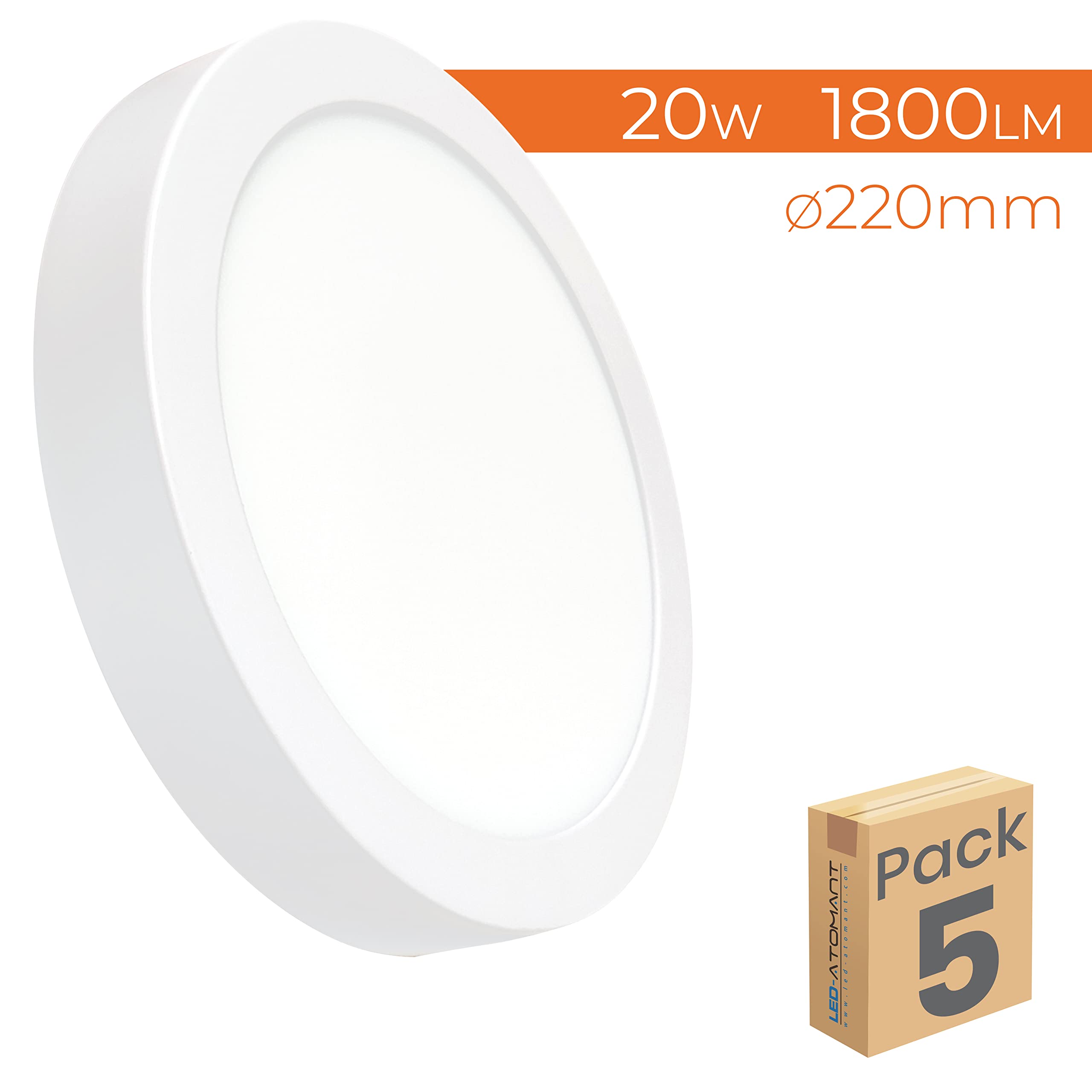 LED ATOMANT Zestaw 5 okrągłych lamp sufitowych LED, 220 mm, 20 W, neutralna biel (4500 K), 1800 lumenów, w zestawie sterownik