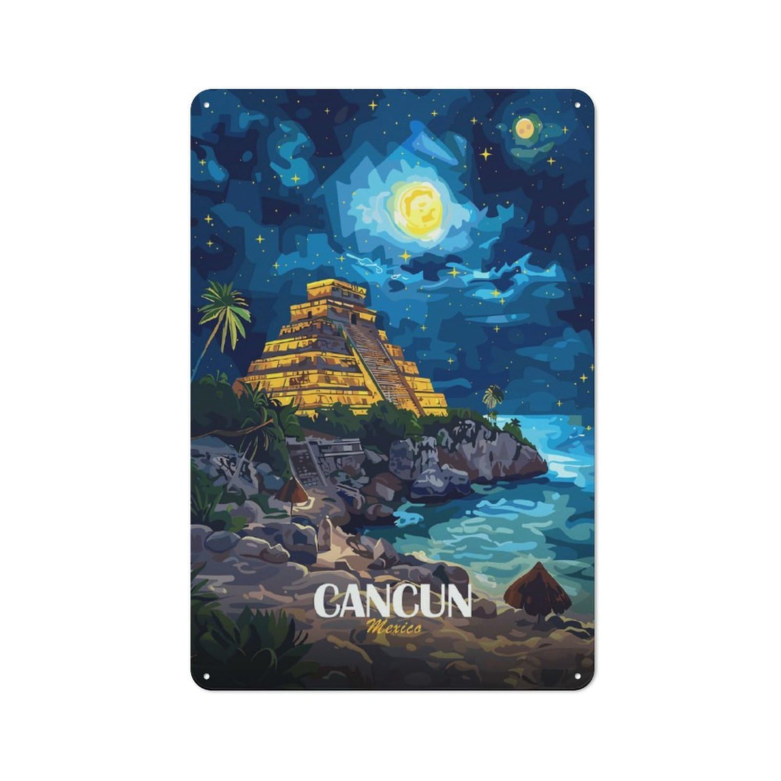 Junmoney Style-7 Rustic Tin Sign 30X20cm Featuring Cancun Mexico Night Landscape Illustration For Café Or Home Bar, Gift Idea At Christmas For Hospitality Decor Collectors