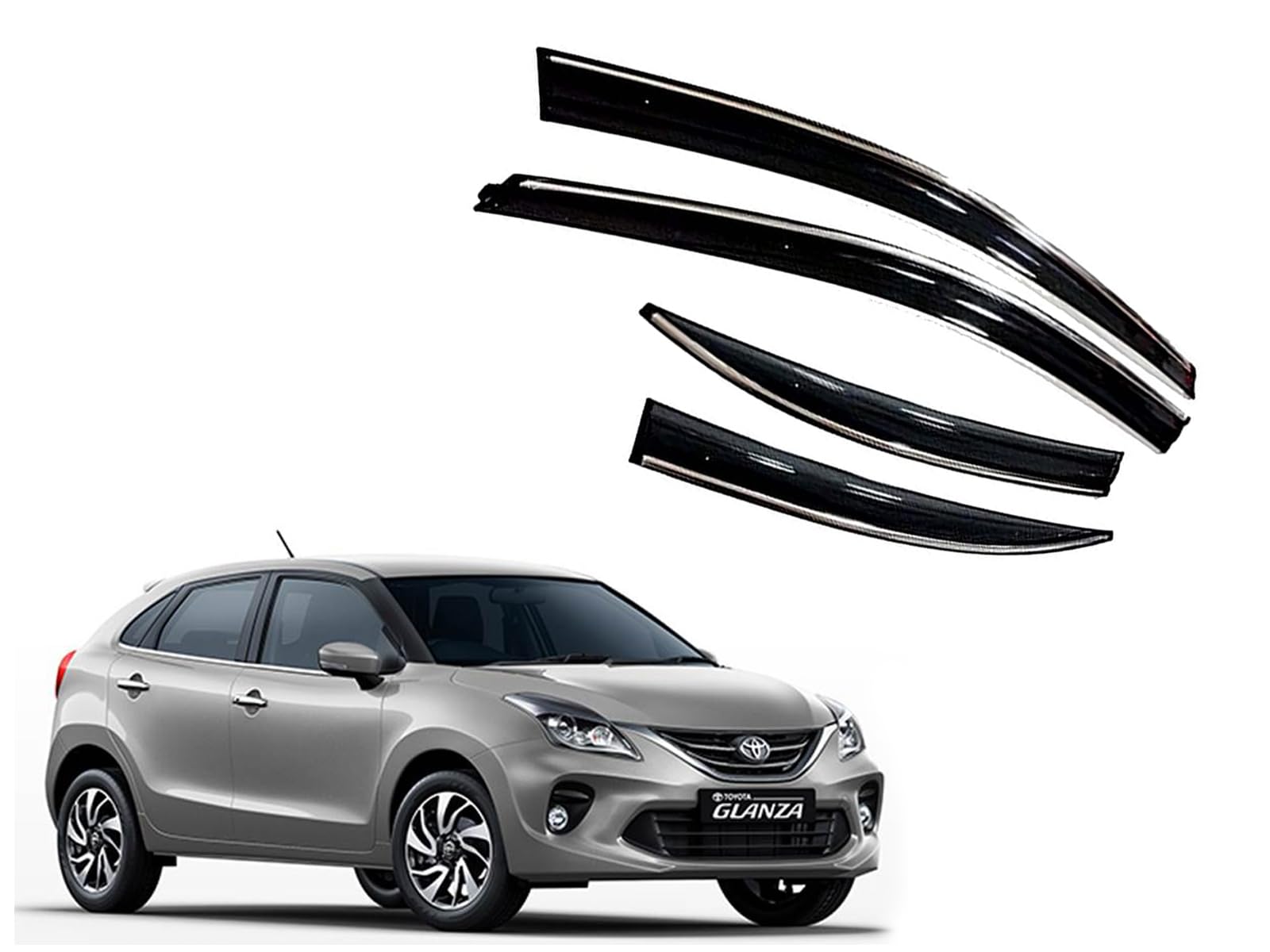 CAR SAAZ Unbreakable Chrome Line Door Visor for GLANZA (2019-2022)(Set of 4Pcs) | Rain Guard | Wind Deflector