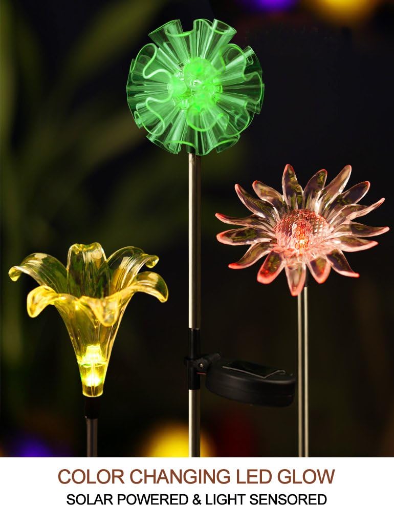 Bright Zeal Set of 3 LED Solar Stake Lights Color Changing - Outdoor Multi Color Solar Flowers Yard Lights Waterproof Garden Decor (Dandelion, Lily, Sunflower) - Solar Patio Lights Multicolor Changing - - 