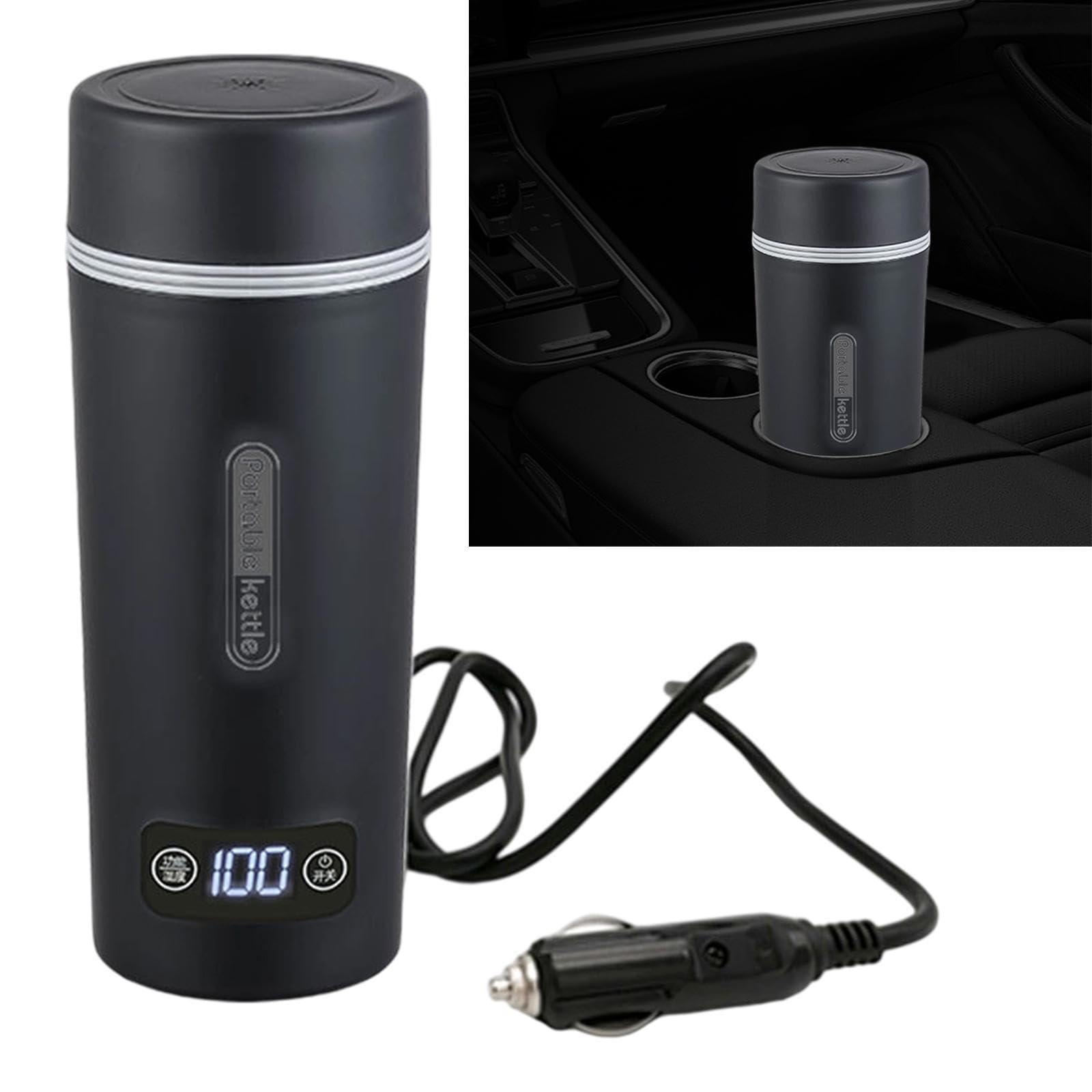 Carro Taza Calefactable Hervidor Eléctrico Botella Termo Portátil de Acero Inoxidable con Pantalla LED de Temperatura Y Diseño Compacto Adecuado para, 12 V para Coche, Individual