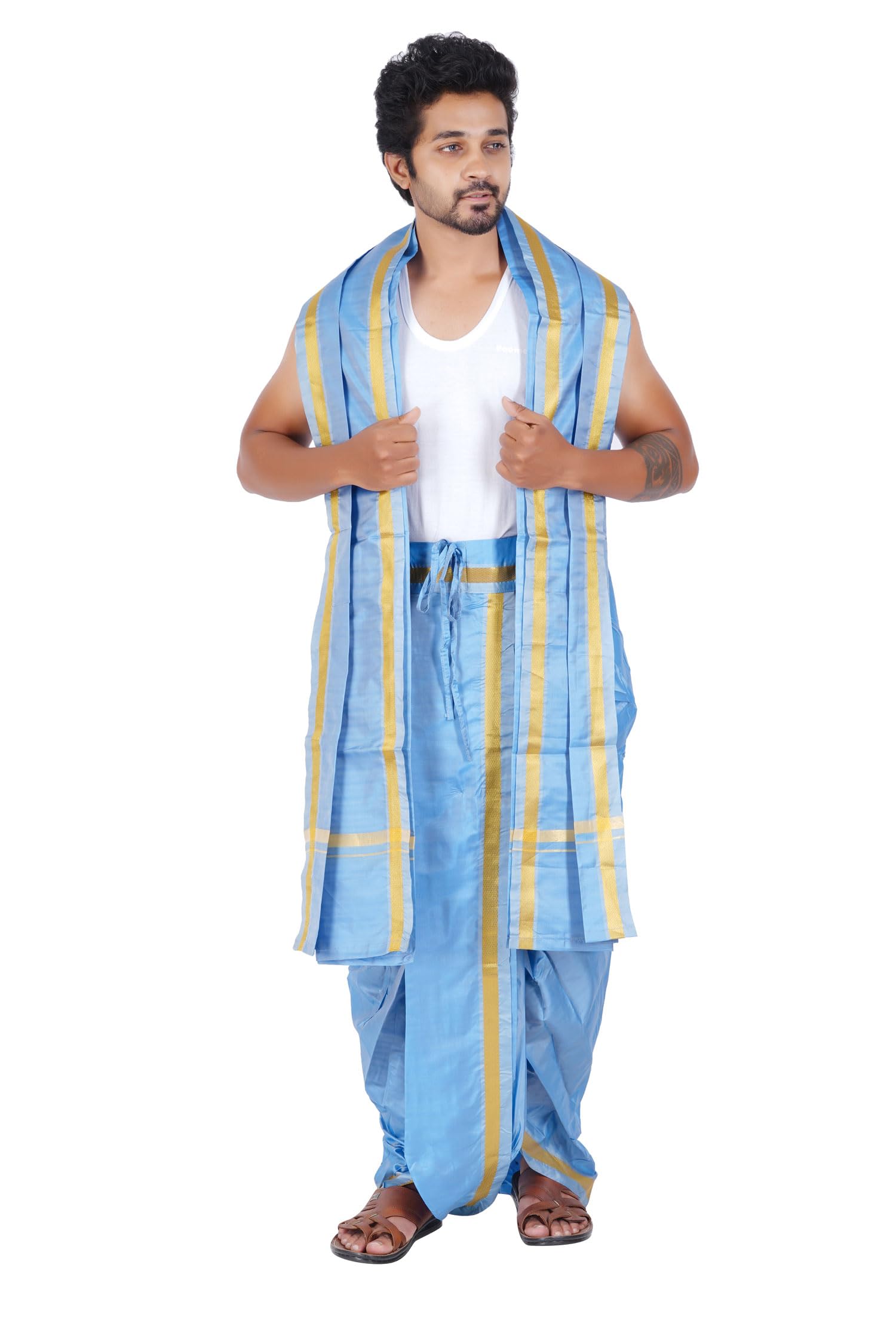 Prakasam Cotton Mens Asha (Polyester Blended) Sky Blue Colour Panjakejam (Ready To Wear) Dhoti & Towel Set With Pocket (50K)