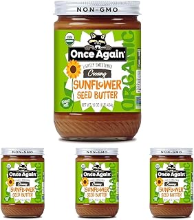 Once Again Organic Creamy Sunflower Butter, 16oz - Lightly Salted & Sweetened - Peanut Free, USDA Organic, Gluten Free Certified, Vegan, Kosher - Glass Jar (Pack of 4)