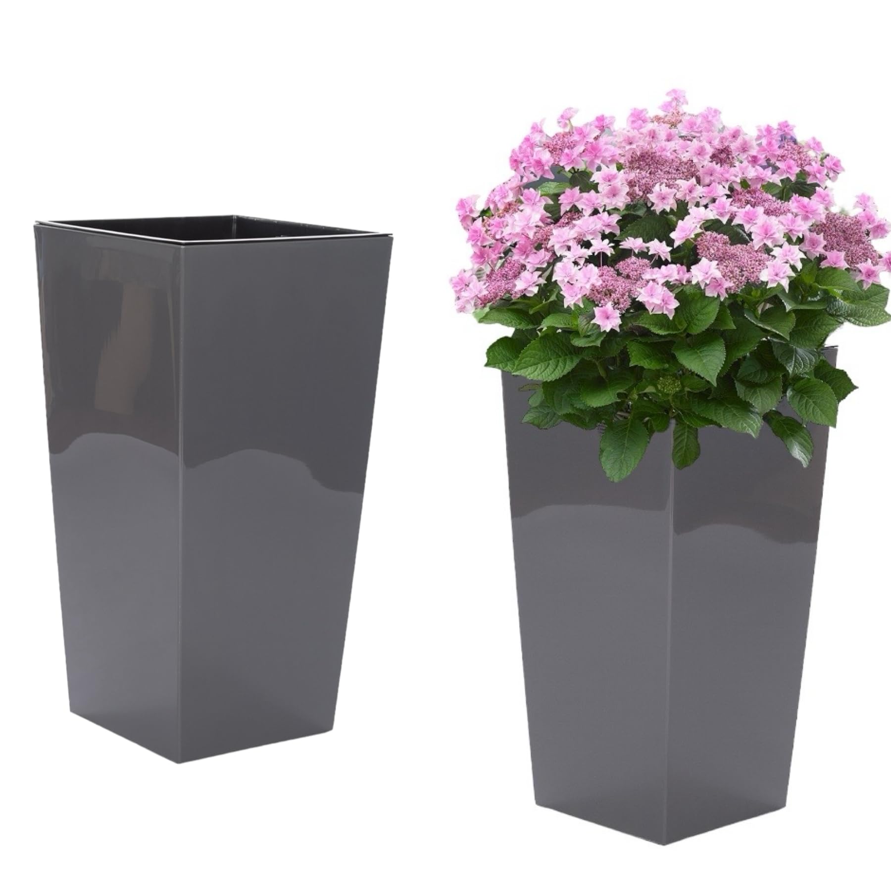 MelTom, Vaso di Piante XXL in plastica, Colore Lucido: Grigio, con Scomparto Rimovibile, Misure in cm L x P x H: 40 x 40 x 75 cm