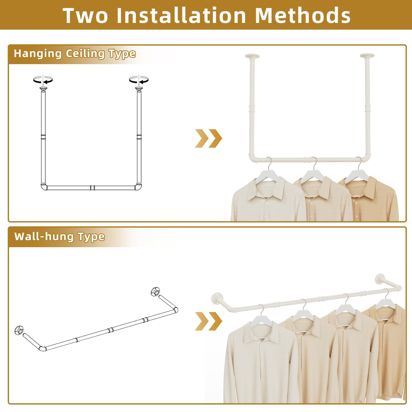 Set di 1 Appendiabiti da Soffitto Industriale, Attaccapanni da Muro 120 cm, Due Opzioni di Montaggio, Stendino da Parete, 69x60cm, Facile da Montare, Bianco