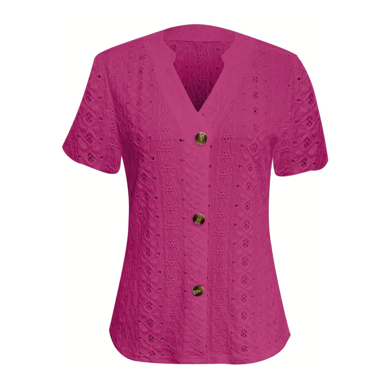 Chemisier pour femme - Broderie - Manches courtes - Col en V - Avec boutons - Pour l'été | Matériau léger à œillets, design de broderie ludique, coupe féminine, polyvalent