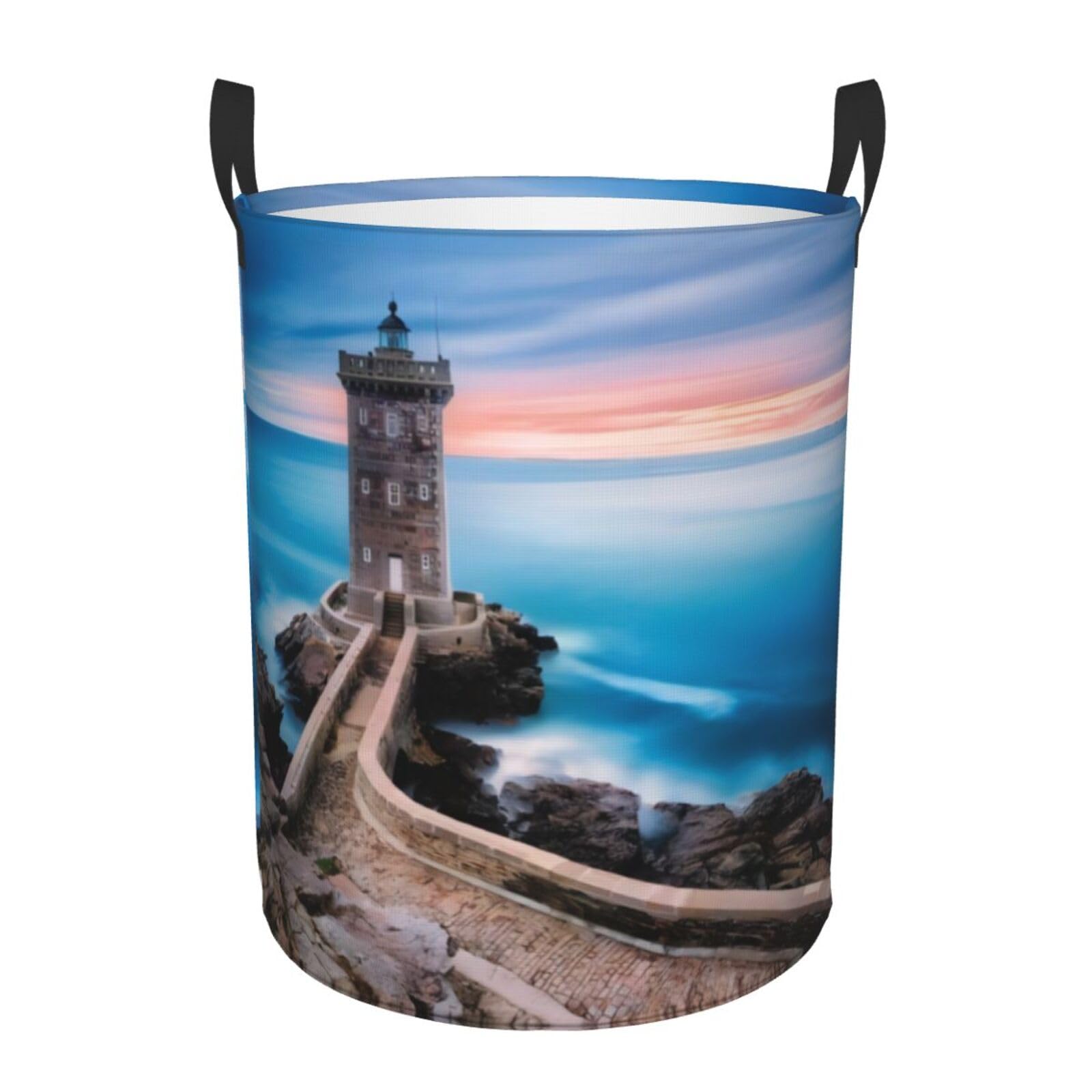 S Circular Hamper – Collapsible Beach Lighthouse Print Laundry Basket