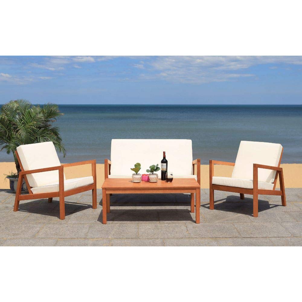 Safavieh PAT7068A Outdoor Larence Brown 4-Piece Seat Cushions Included Patio Set, Natural/Beige
