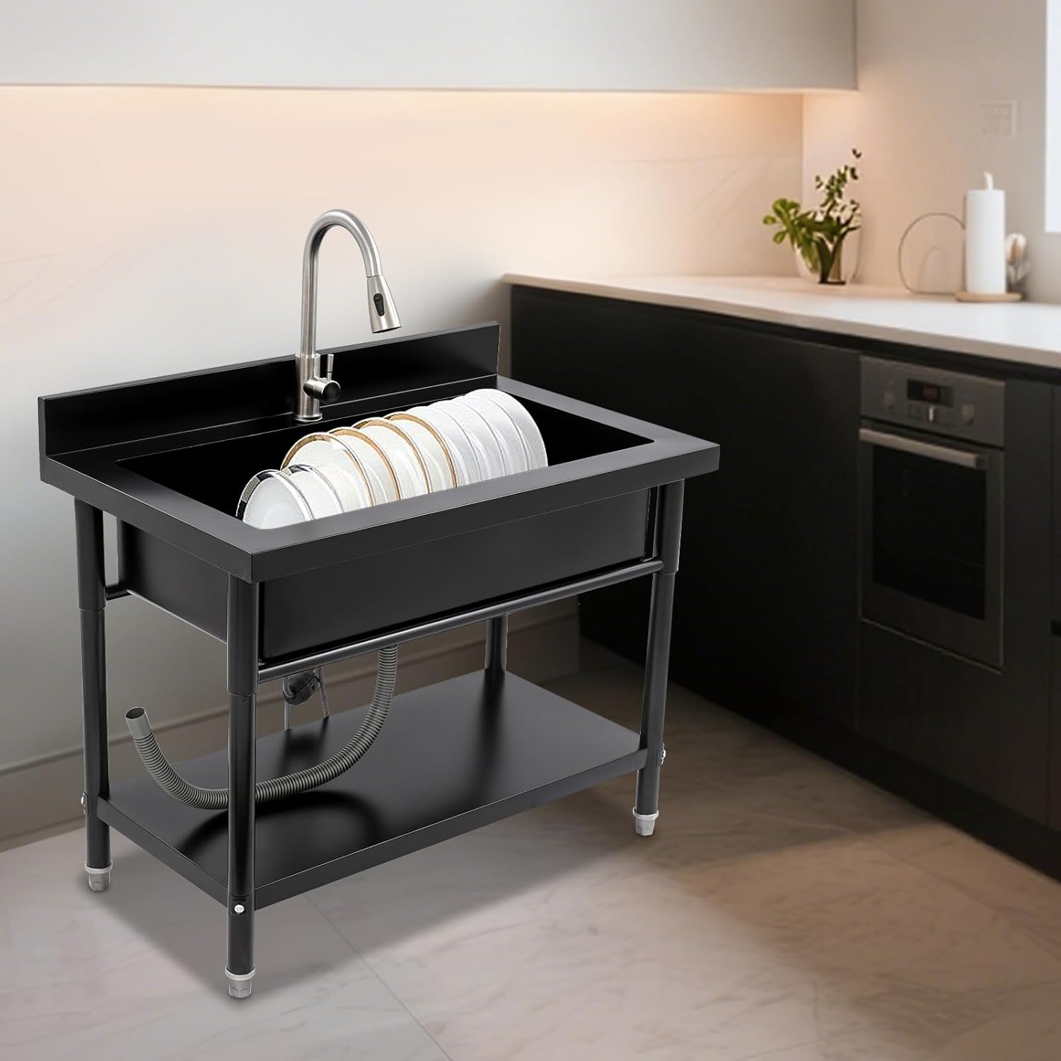 Utility Sink Stainless Steel Freestanding Large Basin Single Bowl Laundry Sink with Pull-out Faucet Commercial Restaurant Kitchen Sinks with Backsplash, 39.37"W x 23.6"D x 31.5"H (Black)