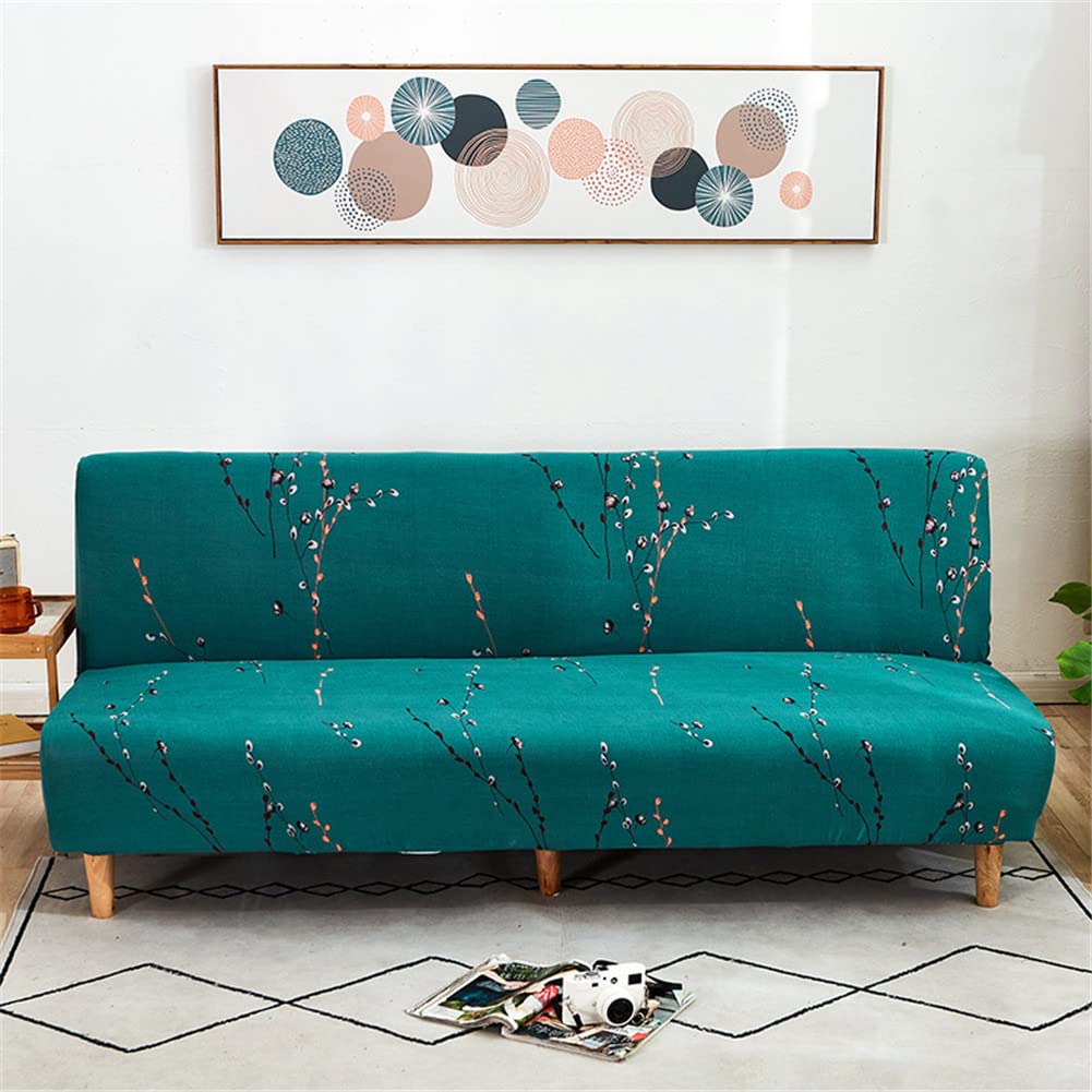 Hiseng Armless Sofa Bed Cover 3 Seater Polyester Spandex Stretch Couch Furniture Covers Non-slip Elastic Universal Fitted Full Folding Futon Slipcover Protector (branches,160-190cm)