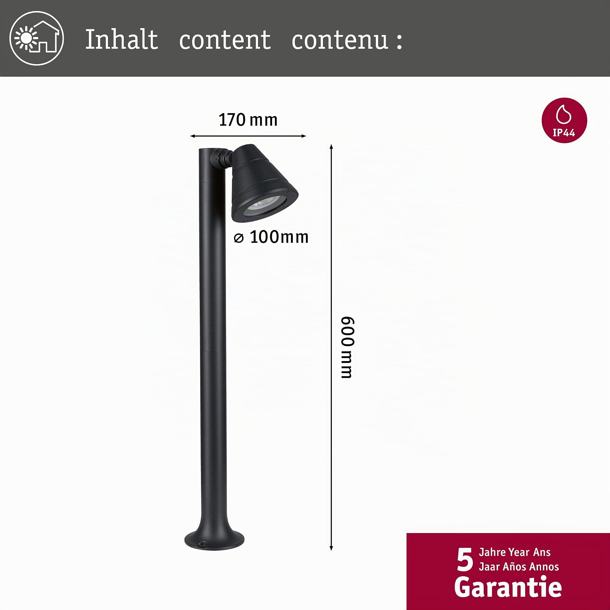 Paulmann 94735 luminaire d'extérieur borne lumineuse Trian Résistant à l'eau de mer IP44 rond 600 mm max. 35V 230V Anthracite alu sans ampoule GU10