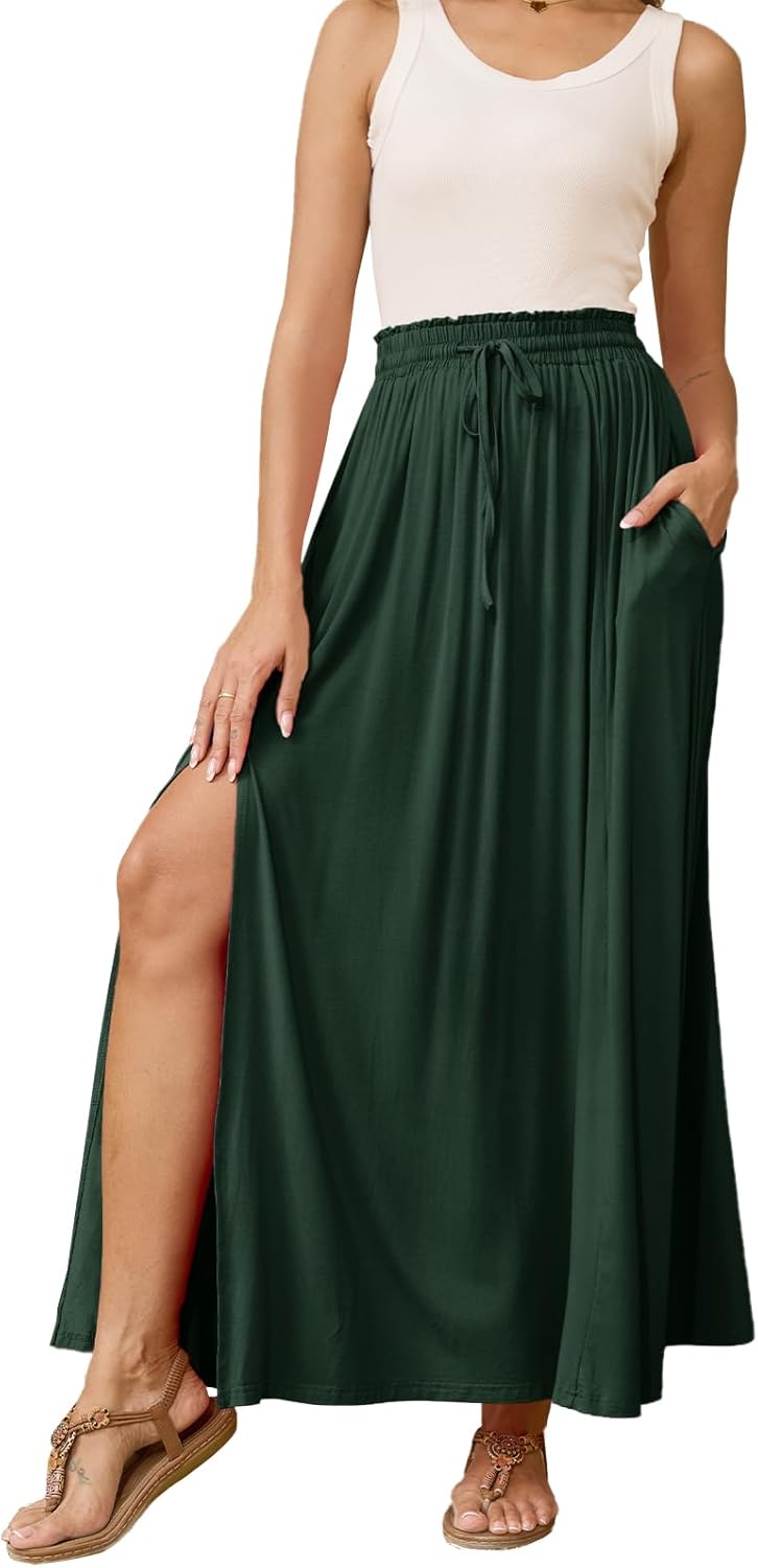 HERBATOMIA Women’s Maxi High Elastic Waisted Skirt Flowy A-Line Split Hem Beach Long Skirts for Women with Pockets