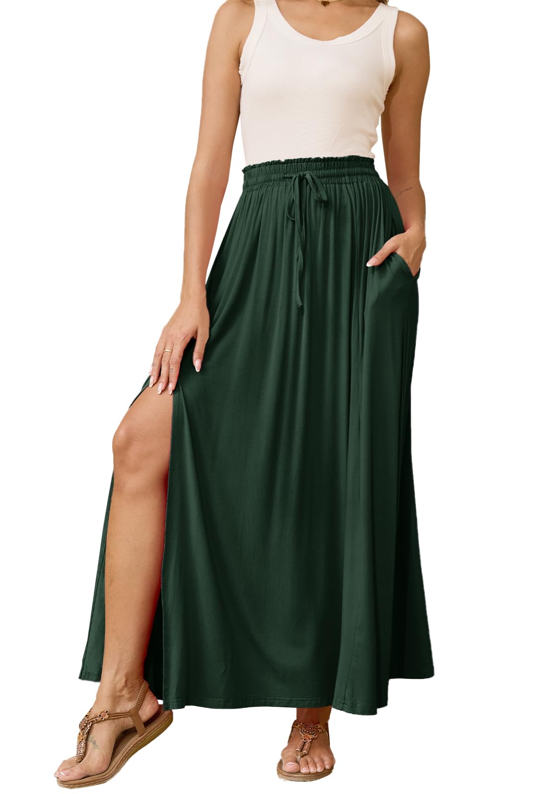 Womens Maxi High Elastic Waisted Skirt Flowy A-Line Split Hem Beach Long Skirts for Women with Pockets