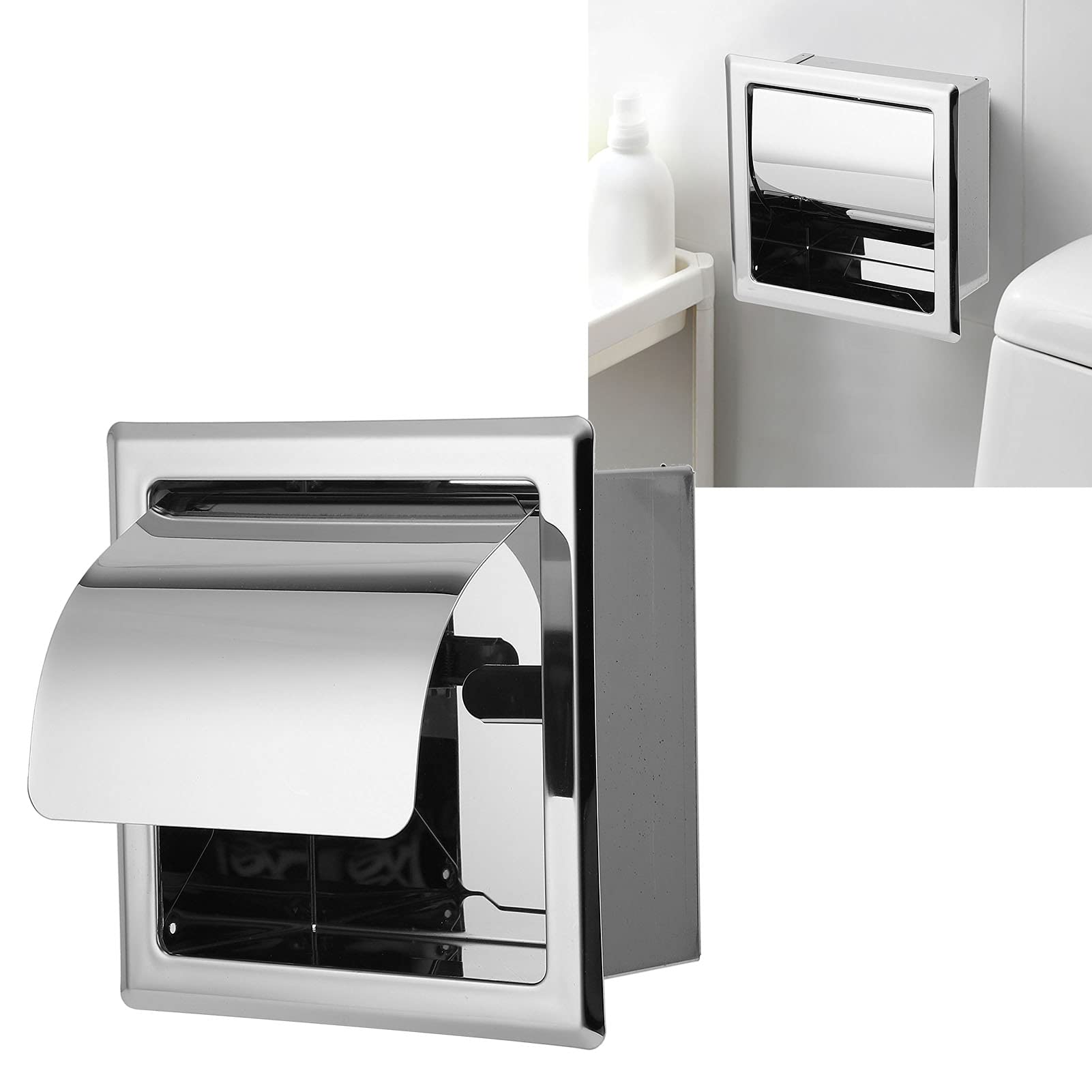 BORDSTRACT Soporte de papel higiénico empotrado, estante de papel higiénico montado en la pared de acero inoxidable con tapa dispensador de pañuelos para baño