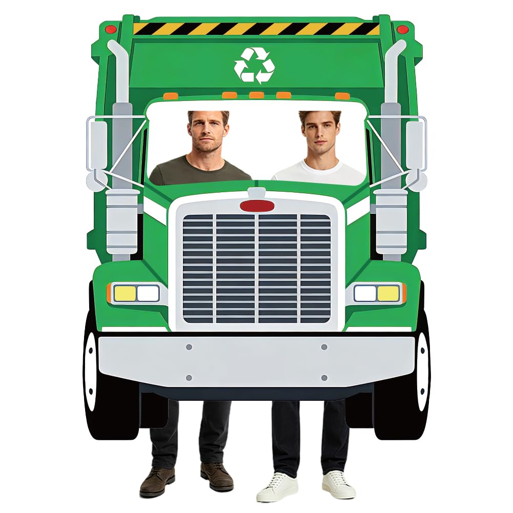 WADORN Green Garbage Truck Photo Prop Selfie Frame Banner, 4.8x5.9 Ft Garbage Truck Party Decorations Backdrop Trash Vehicle Photography Backdrop Supplies for Men Home Outdoor Birthday Tailgate Party