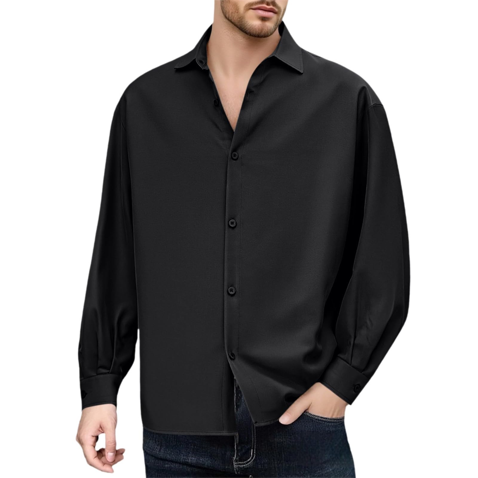 Mens Stretch Wrinkle Free Dress Shirts Loose Fit Long Sleeve Shirt Casual Business Button Up Shirts Wedding Prom