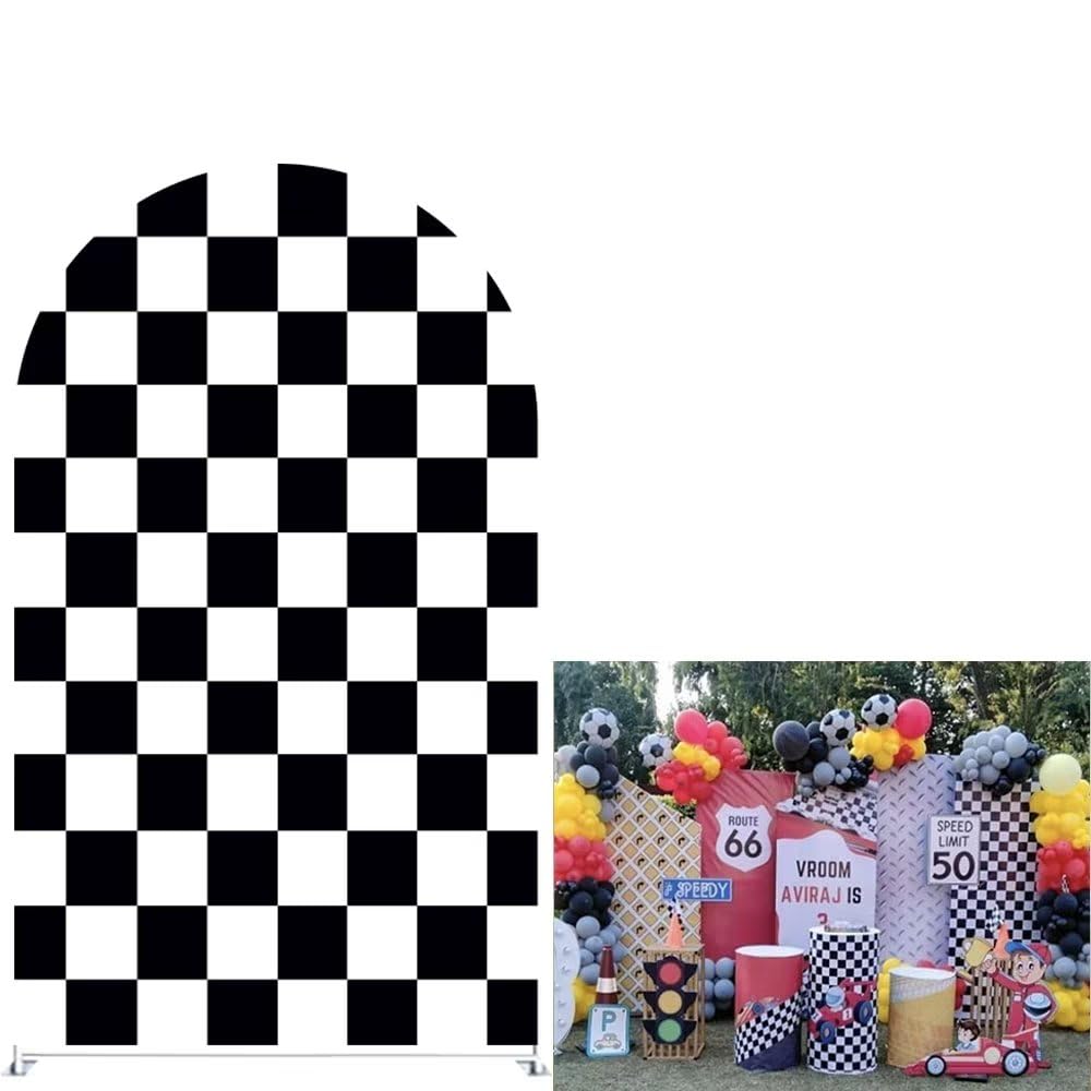 Aerdce Black and White Checkered Racing Track Arched Fabric Backdrop Cover Arch Backdrop Stand Covers for Racing Party Photoshoot(Only Cover)