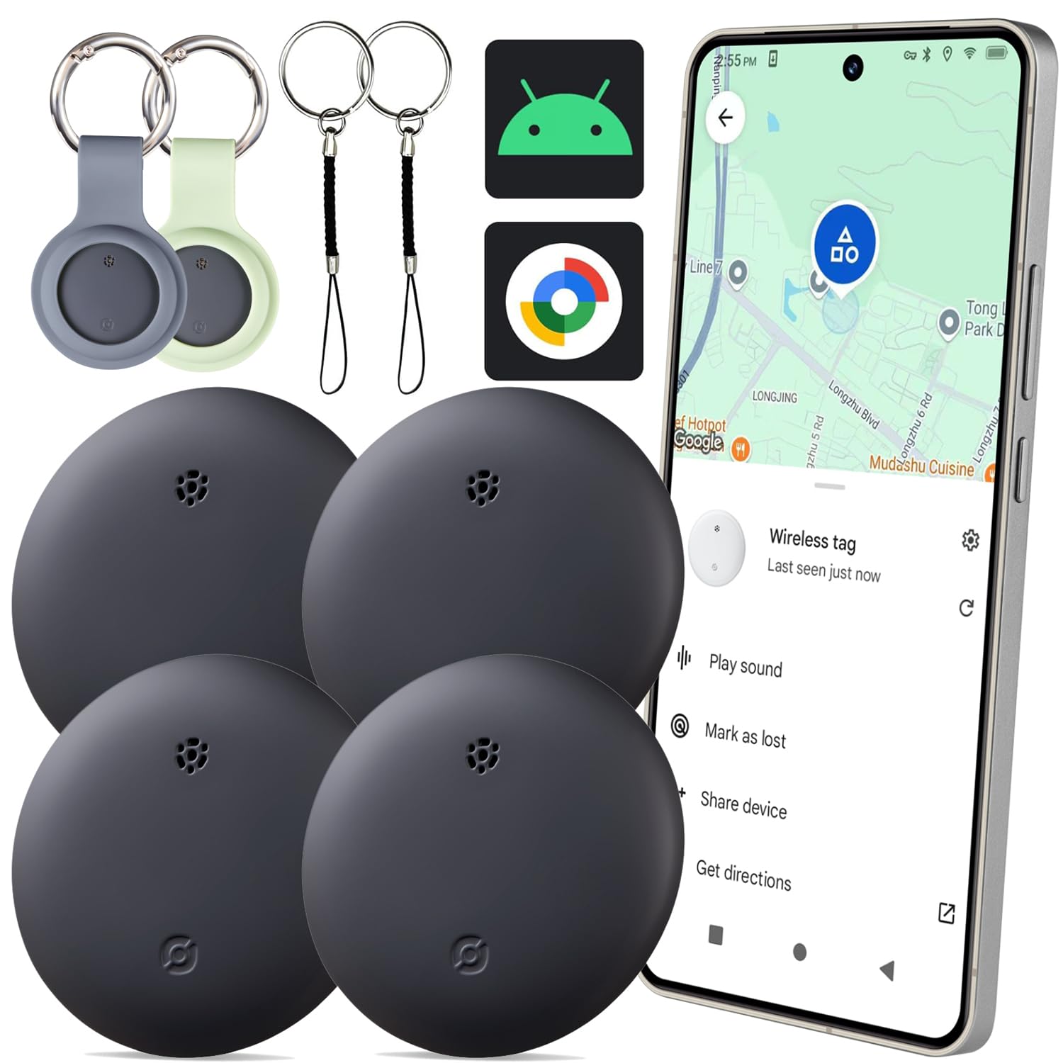 Bestray Bluetooth Tracker for Android, Smart Tag Compatible with Google Find Hub (Android Only), Key Finder for Keys, Luggage, Suitcase, Wallet, IP66 Waterproof (Black, 4 Pack)