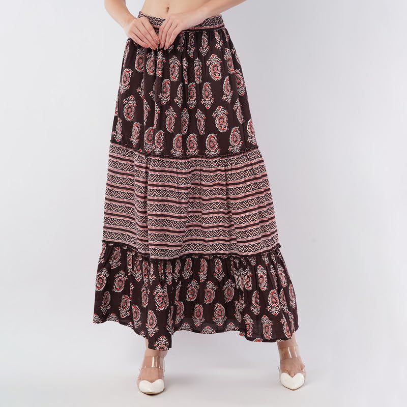 Rabhika Women’s Maroon Patterned Pure Cotton Tiered Maxi Skirt, Flowy Ethnic Long Skirt, Comfortable S 4
