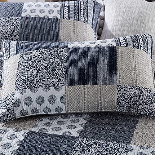 Vinilite 100% Cotton Quilt Set Queen Size, 3 Piece Soft Checkered Patchwork Quilted Bedspread Coverlet Bedding Set For All Season With 2 Pillow Shams, Striped Floral Leaf Print Pattern #TOP3