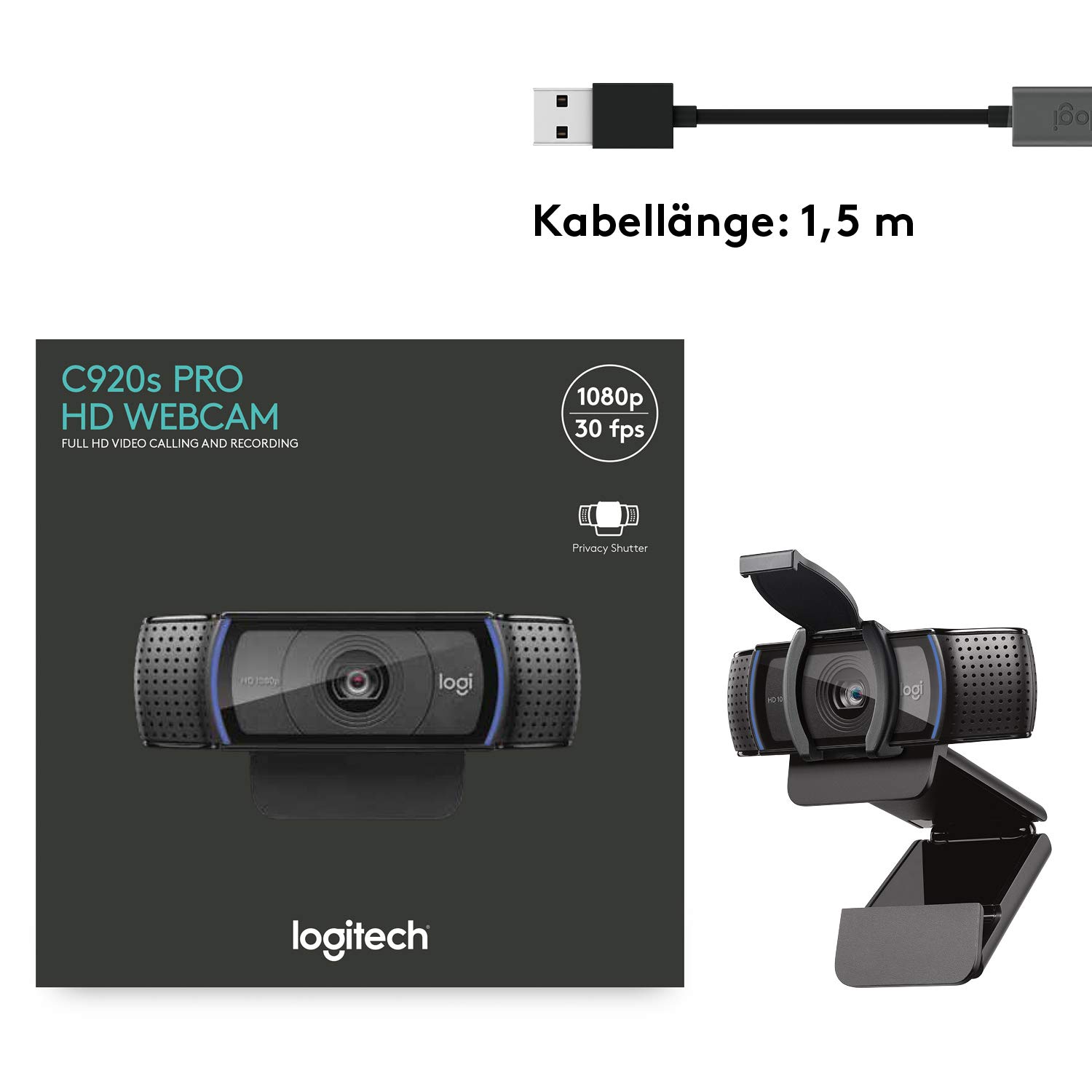 Logitech C920s HD PRO Webcam, Full-HD 1080p, 78° Blickfeld, Autofokus, Belichtungskorrektur, USB-Anschluss, Abdeckblende, Für Skype, FaceTime, Hangouts,etc., PC/Mac/ChromeOS/Android/Xbox One -Schwarz