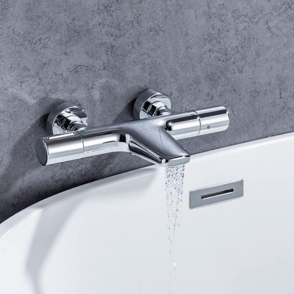 ONECE Grifo de Ducha Cascada, 38°C Grifería Termostática para Bañera y Ducha, Mezclador para Bañera de Latón, con Botón de Seguridad, Doble salida de agua, Cromo