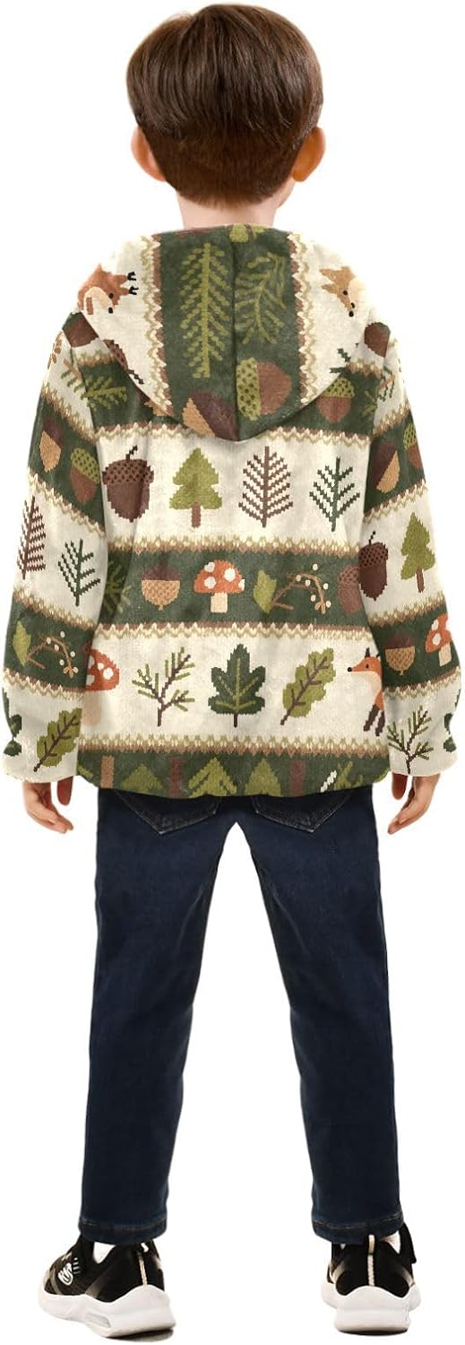 Safari Fox Green Brown Toddler Fleece Zip Up Boys Winter Coats Plush Lined Navy Blue Trendy Baby Boys Clothes