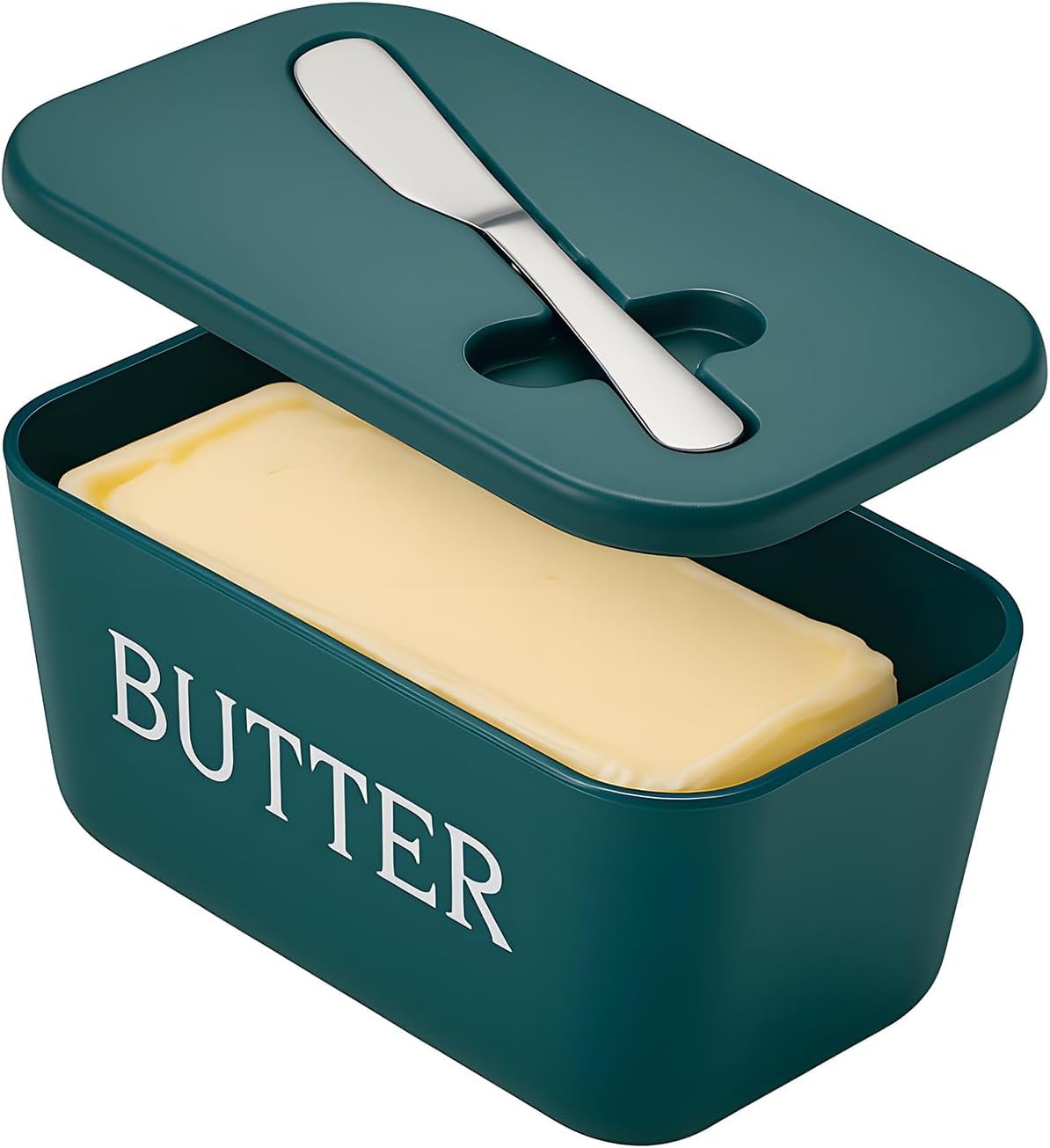 Kyraton Large Plastic Butter Dish with Lid and Knife, Food Grade PP Butter Holder Keeper with Cover for Kitchen Refrigerator Butter Container (Teal)
