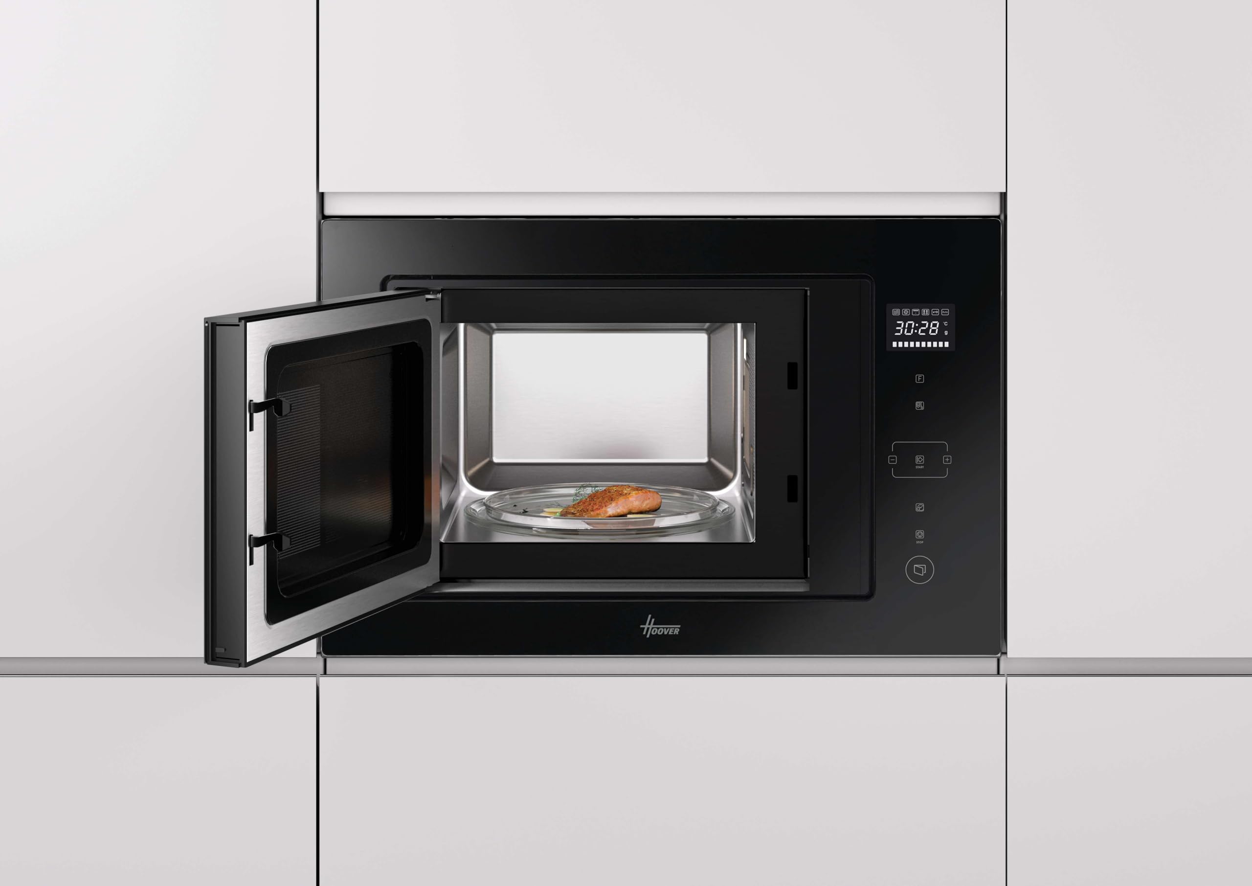 Hoover H-MICROWAVE 500 HMBG25/1GDFB, Microondas integrable con grill, 25L, Digital, Sin marco, 5 niveles potencia, 6 programas automáticos, Plato giratorio 31,5cm, Quick Start, 900W/1000W, Negro