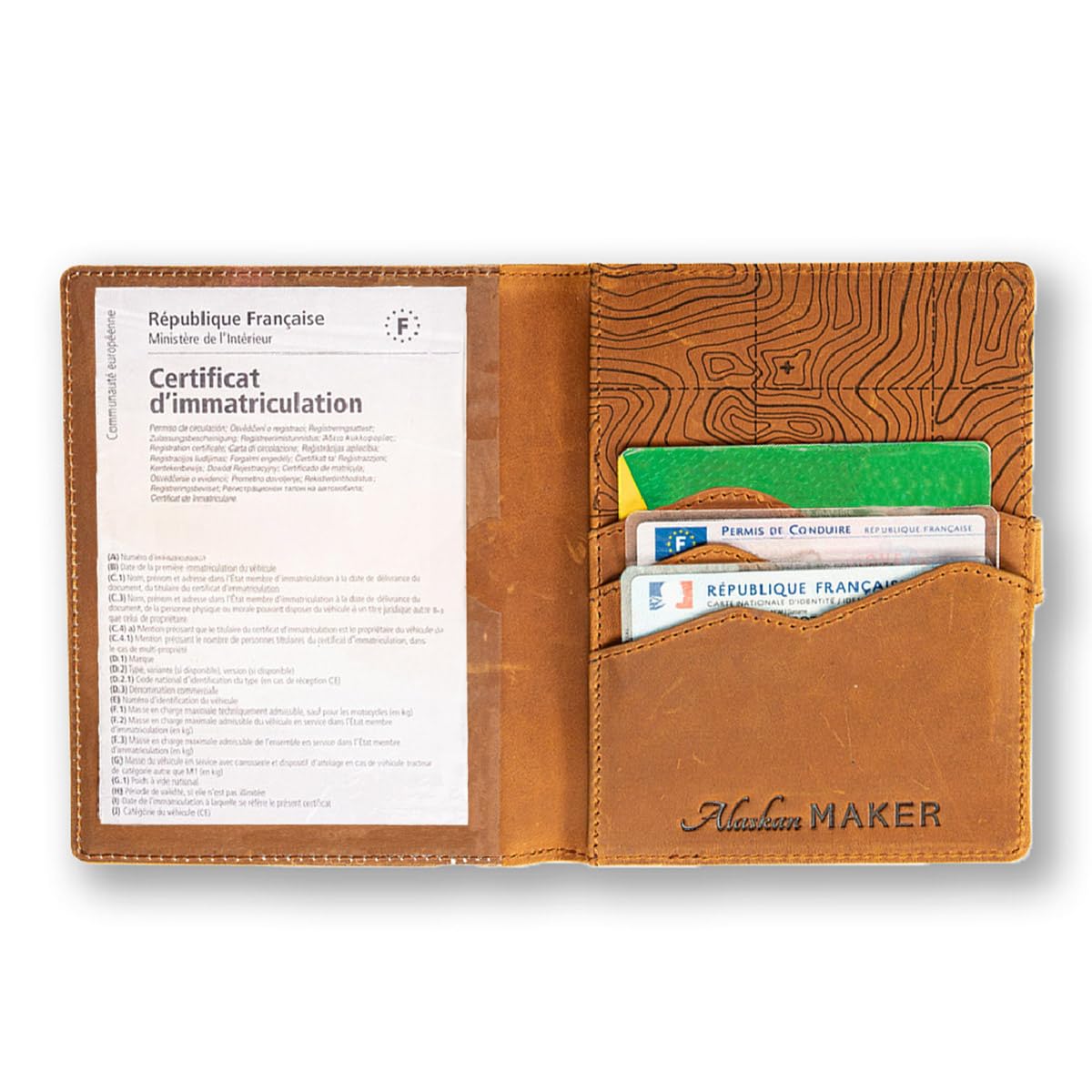 Alaskan MAKER - Custodia per carte di credito grigia in pelle pieno fiore - Archiviazione documenti auto e carte - Protezione RFID - Chiusura sicura con bottone a pressione - Formato compatto e