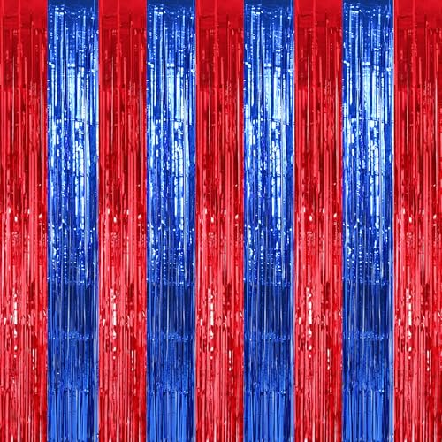 Image of TONIFUL 2 Packs Red and Blue Carnival Foil Fringe Curtains 3.3 x 6.6 ft Metallic Tinsel Streamers Backdrop for Patriotic Celebration Baby Shower Circus Theme Birthdays Party Photo Booth Decorations