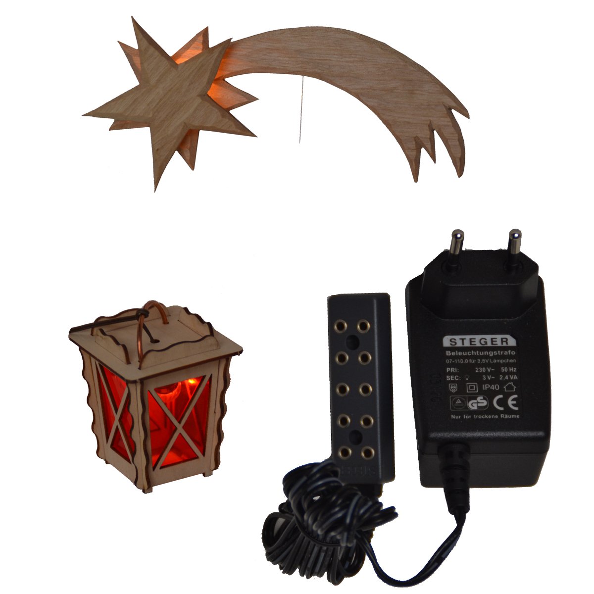 AM 40 Weihnachtskrippen-Zubehör-Set Holzlaterne und Holzkomet beleuchtet für 15-20 cm