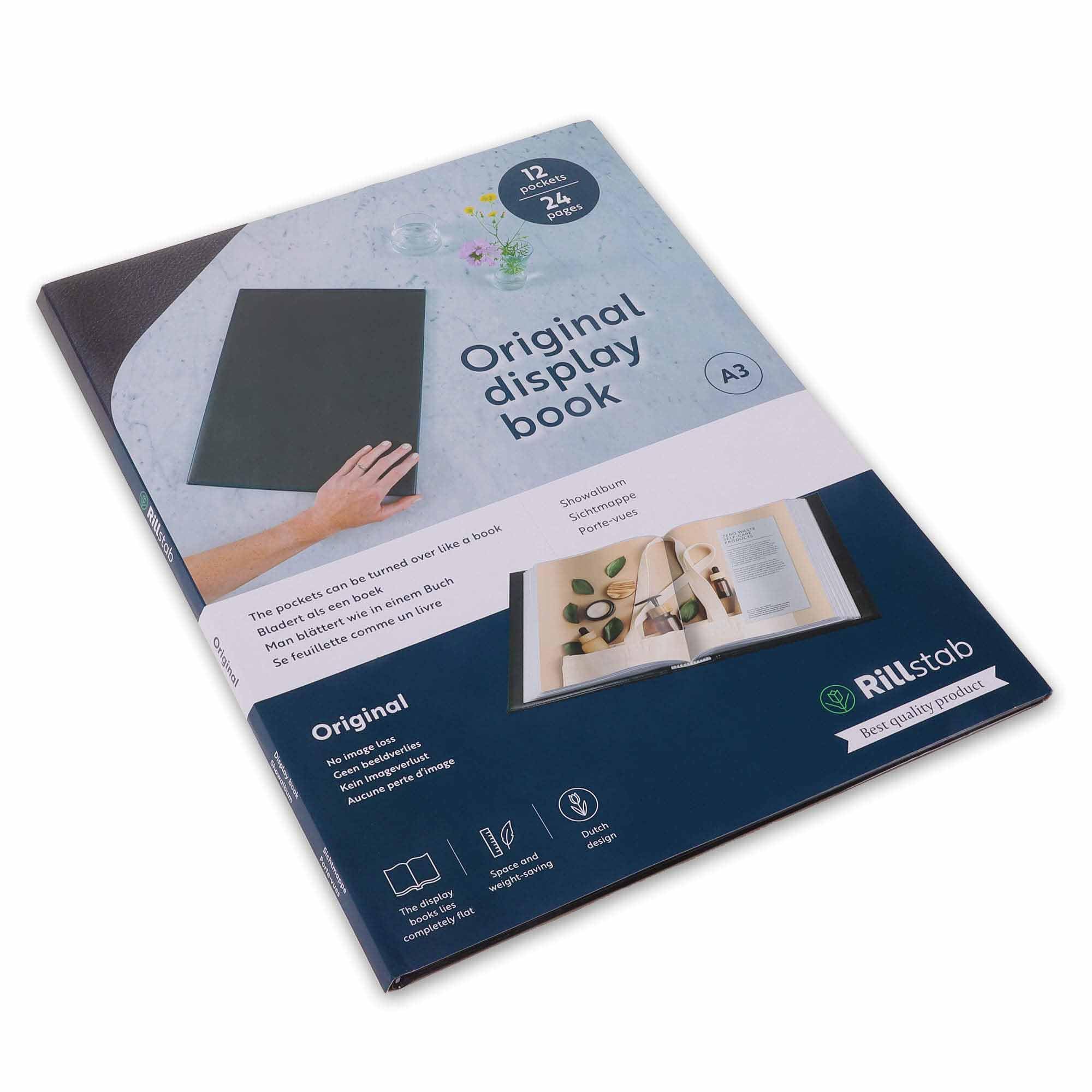 Rillstab A3 Presentation Display Book | 12 Pocket Portfolio Folder | Clear Polypropylene Sleeves | Lay-Flat Ring Binder Style | Slim Large Format Document Organiser | Black | 99314