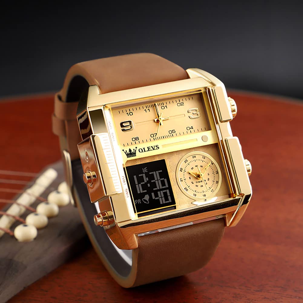 OLEVS Men's Sport Watch Brown Leather Large Face Digital & Analog Quartz Wrist Watch with LED Square Multi-Time Zone Waterproof Stopwatch