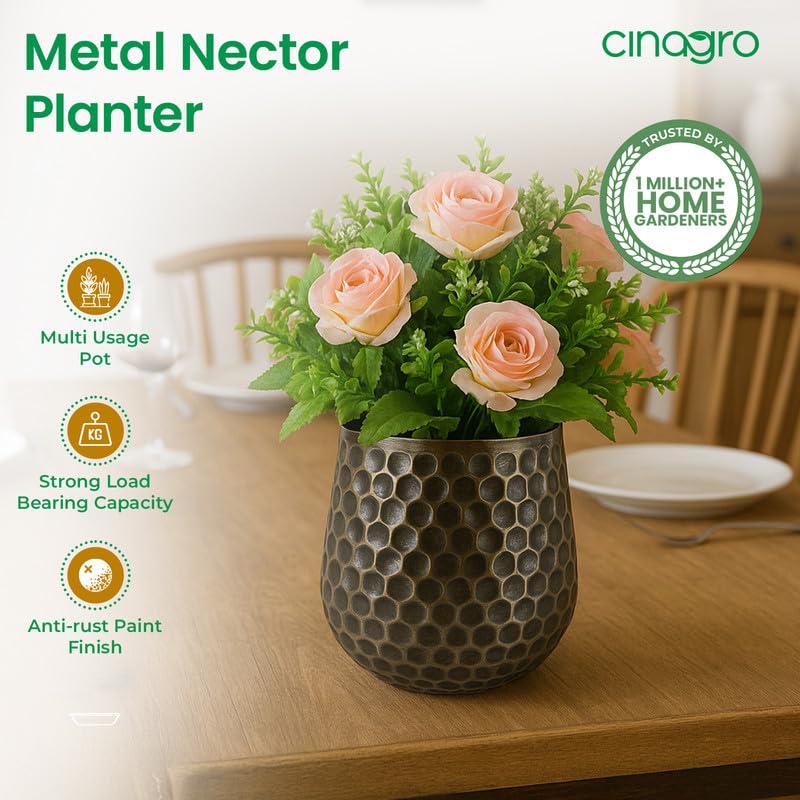 Image of CINAGRO Metal Planter Pot for Indoor Plants, Round Decorative Flower Pot, Rust-Resistant, Modern Plant Holder for Home, Balcony, Office (11.43 x 11.43 cm, Metal Nector)