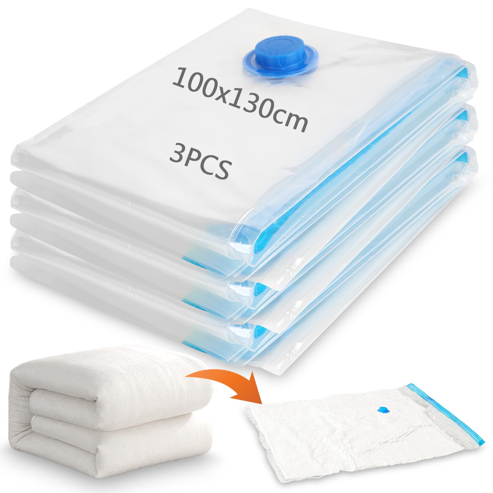 XRXYMQ XXL Vacuum Storage Bags for Clothes & Duvets 130 x 100 cm Extra Large Vacuum Mattress Storage Bag for Clothes and Mattresses Thick Clear Reusable Space-Saving 3 Pack