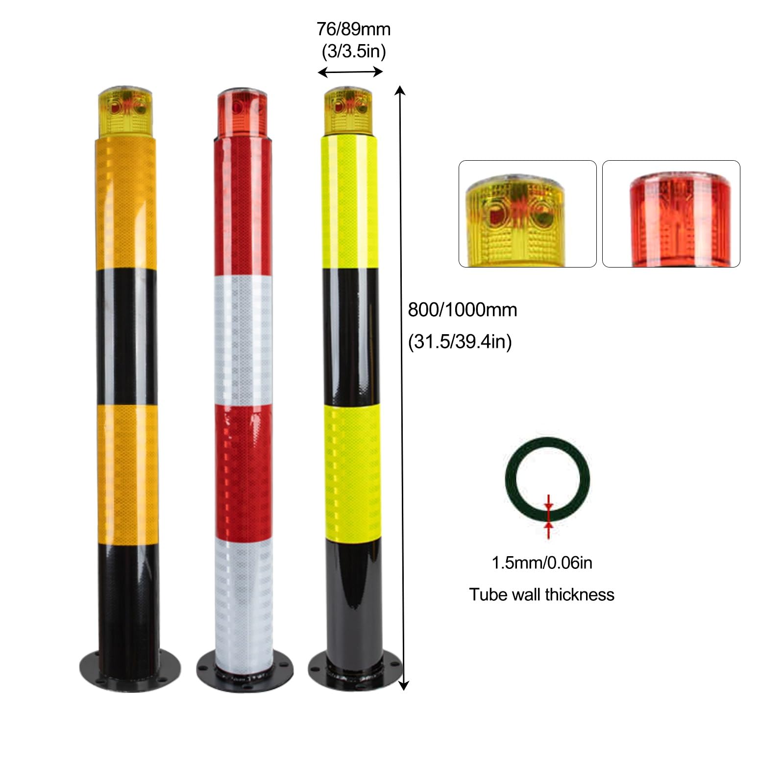 Lot de 4 bornes de sécurité robustes en métal avec bande réfléchissante en acier, jaune-800 x 89 mm / 31.5 * 3.5in