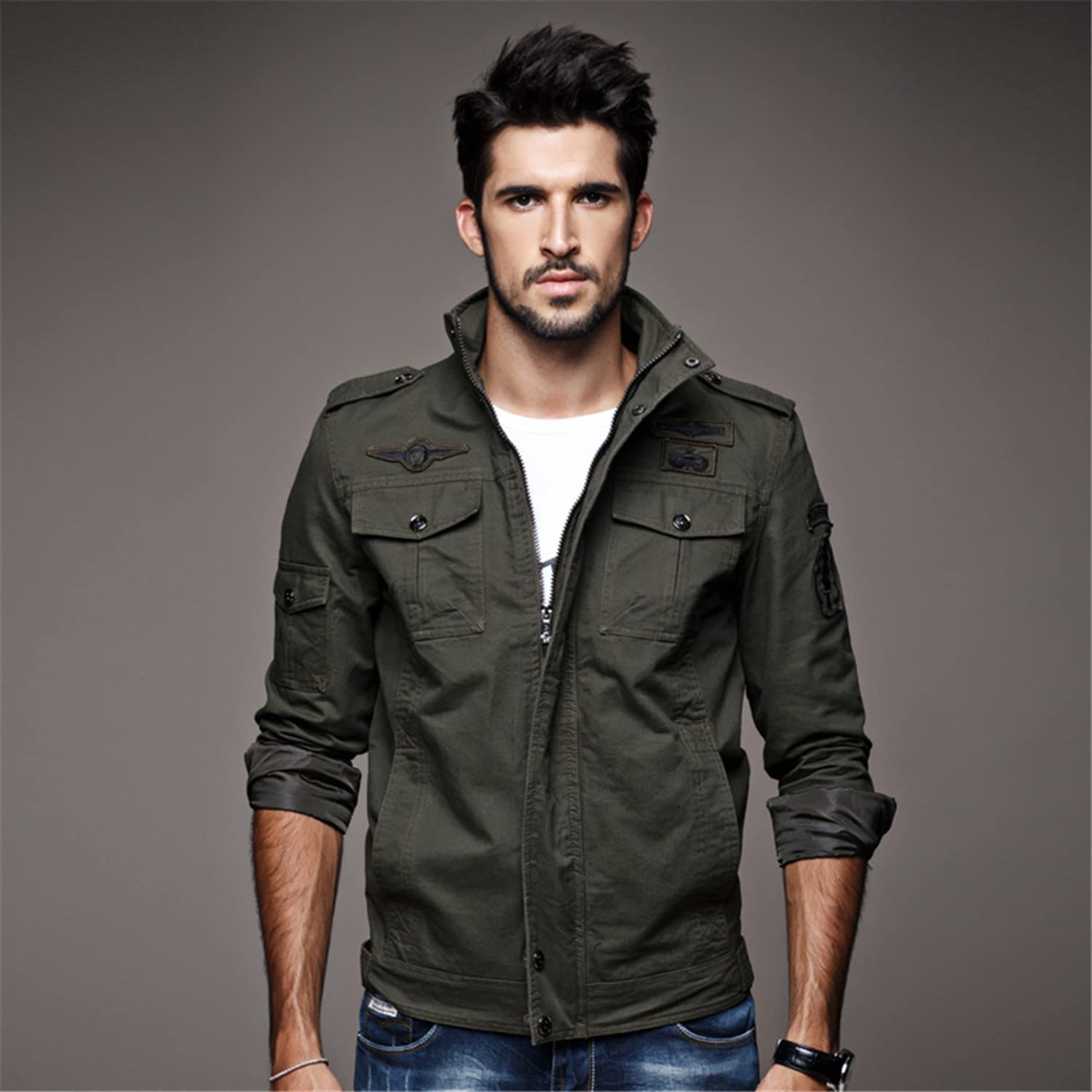 MERCIYD Giacca Militari Uomo Giubbotto Classico in Cotone Giubbotto Bomber Multitasche Giubbotto Casual Antivento Cerniera Giacca