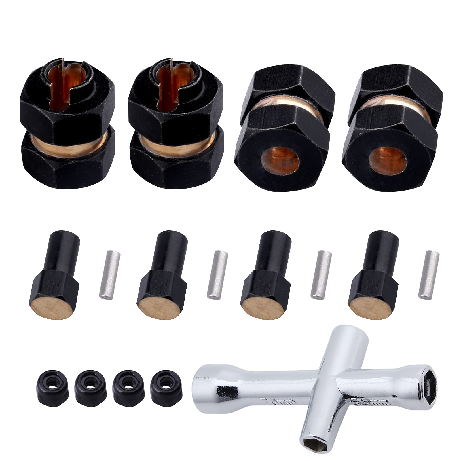 4pcs Brass Wheel Hex Extended Adapter Upgrades for Axial SCX24 90081 1/24 RC Crawler Car, with Locknuts and Cross Wrench