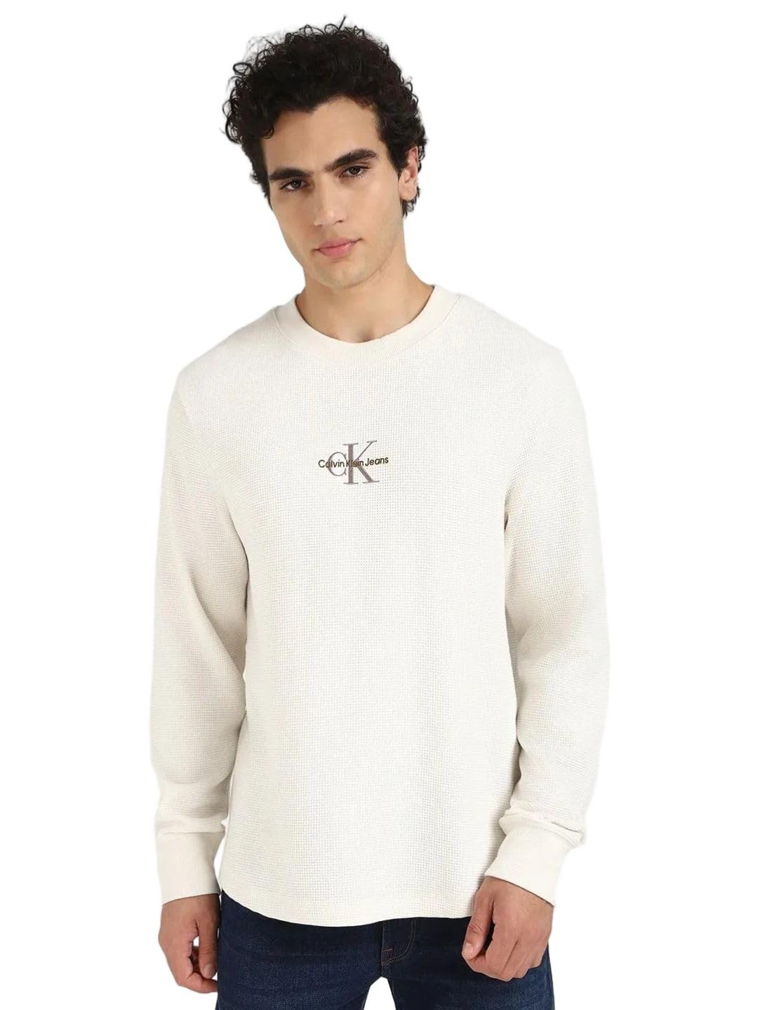 Calvin Klein Men’s Monologo Waffle Round Neck Sweatshirt, Off-White (Ivory), XS