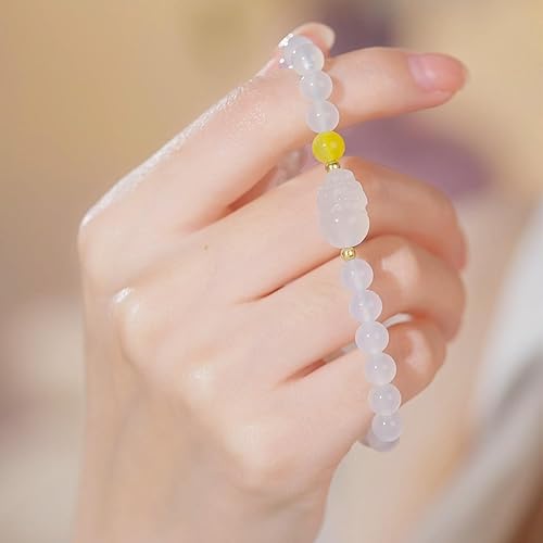 Miniatura 4 de Pulseras de oro de 18K con cuentas de calcedonia, pulsera con amuleto Pixiu, pulsera elástica natural con cuentas redondas de calcedonia