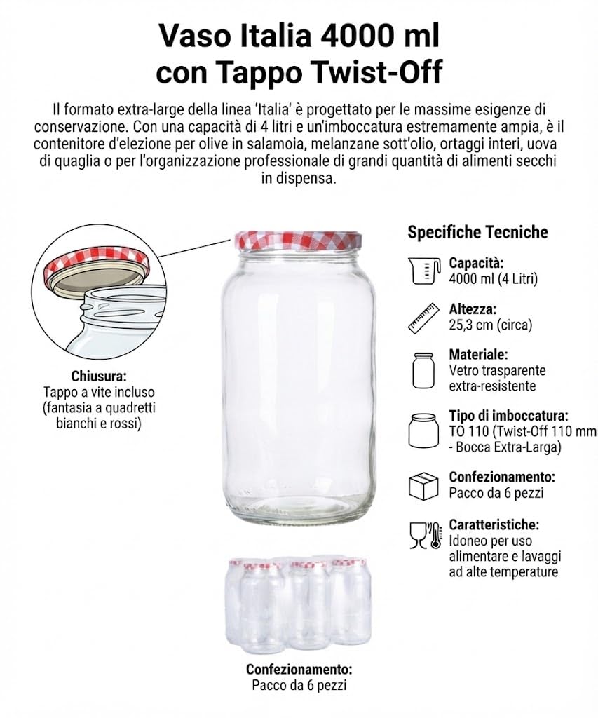 Vaso per conserve in Vetro 4000 ml con Tappo Twist-Off TO 110