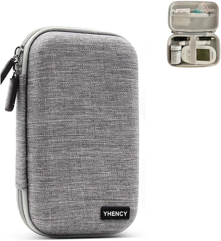 Hard Shell Diabetic Supplies Bag Carrying Case Organizer For Diabetes Testing Kit, Blood Glucose Monitor Kit with Meter, Blood Sugar Test Strips, Lancets, Lancing Device, Alcohol Wipe (A-Gray, Small)