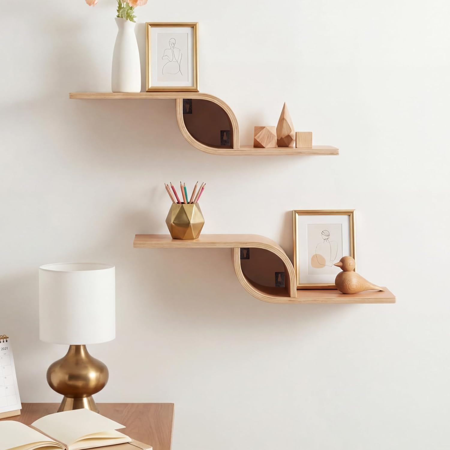 Pinkunn 2 Pack Floating Shelves Wooden Wall Shelf Mounted Storage Shelves Wood Wall Hanging Display Montage Mid Century Decor Rustic Home Decoration for Living Room Bedroom Bathroom Kitchen