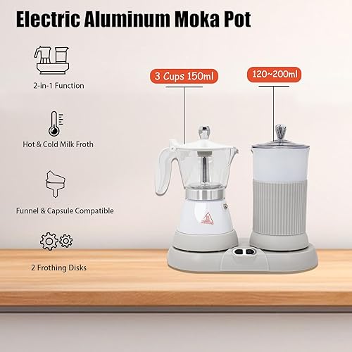 Miniatura 3 de Máquina de café expreso con espumador de leche, olla eléctrica de moka 2 en 1, máquina de café expreso de aluminio con un solo toque, espuma de