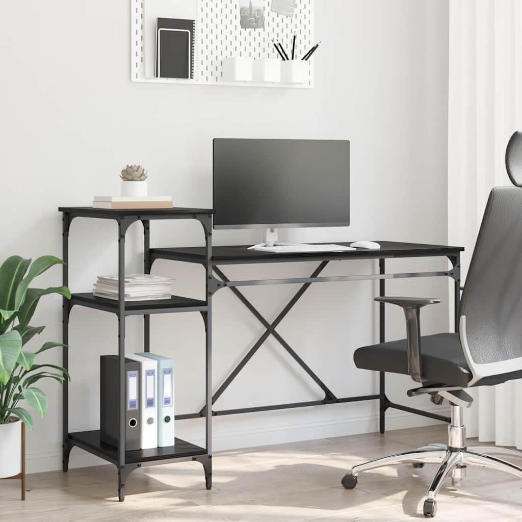 Bureau informatique industriel chêne noir 135x50x90 cm avec 3 étagères