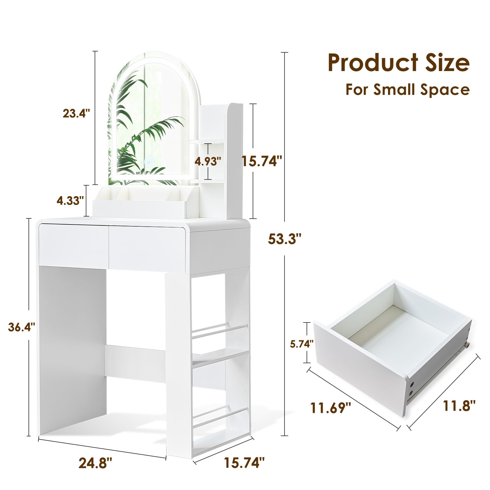 Vanity Table for Girls, Compact Vanity Desk with Side Shelf Storage Space, Dressing Table in Bedroom, Modern Round Curved Design, White
