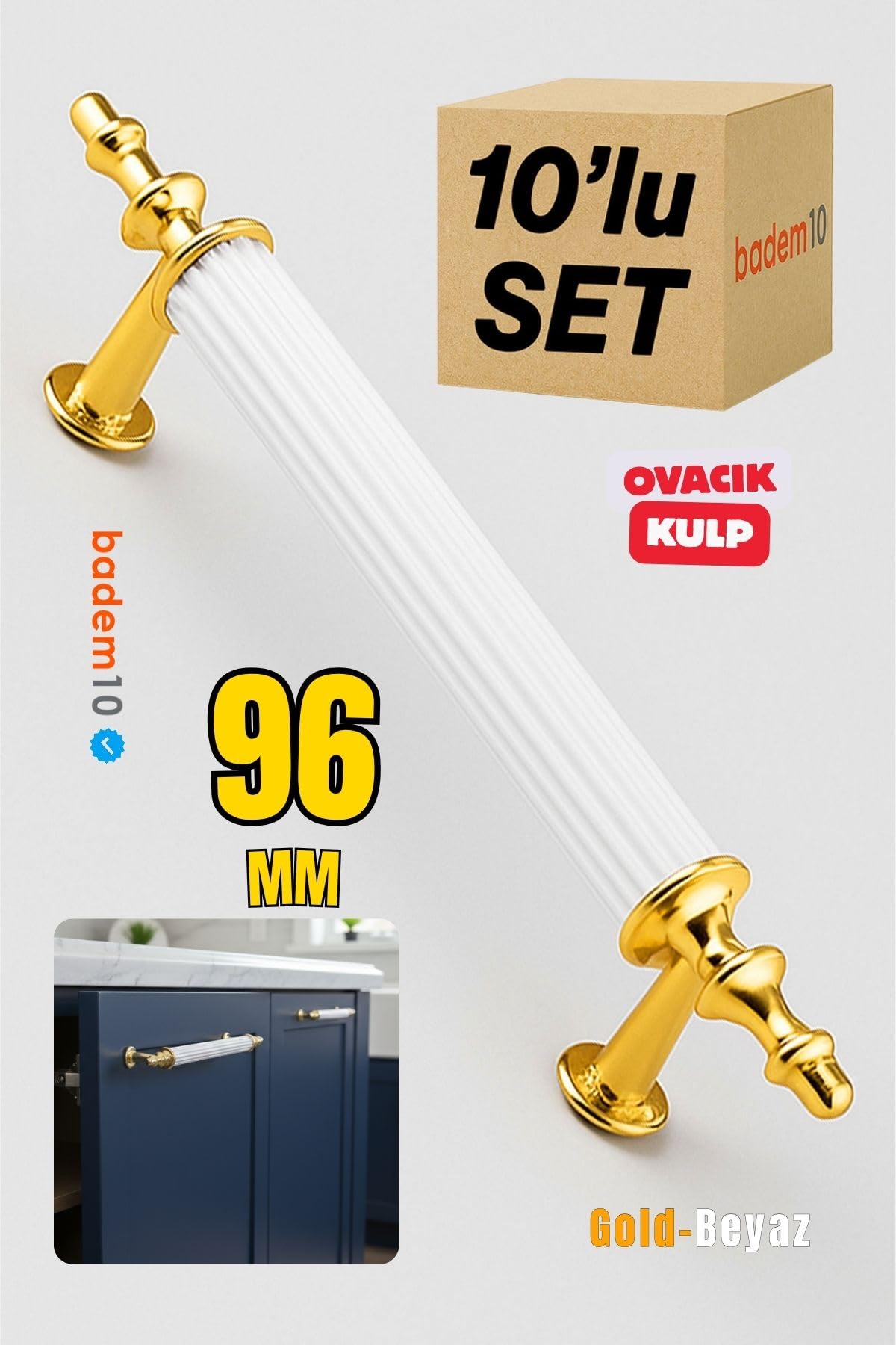 Ovacık 10 ADET Gold Altın Beyaz 96 mm Metal Kulp Mobilya Çekmece Dolap Kapak Kulpu Kulbu Kulpları